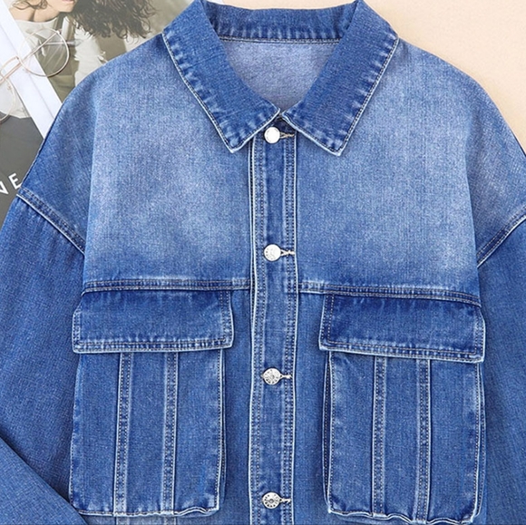 Oversized Denim Jacket Button-Up Collared Retro 90s Boyfriend Heavy Blue Jean - Picture 11 of 16